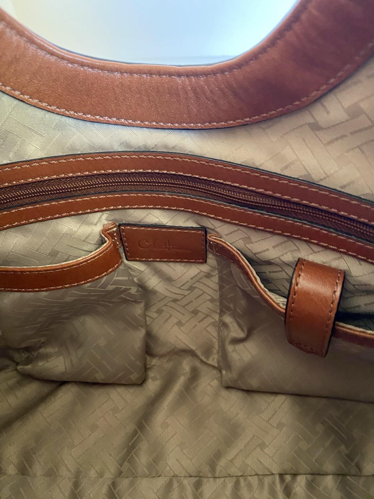 Cole Haan Genevieve Woven Leather Small Triangle Tote Cognac Saddle EUC – $450