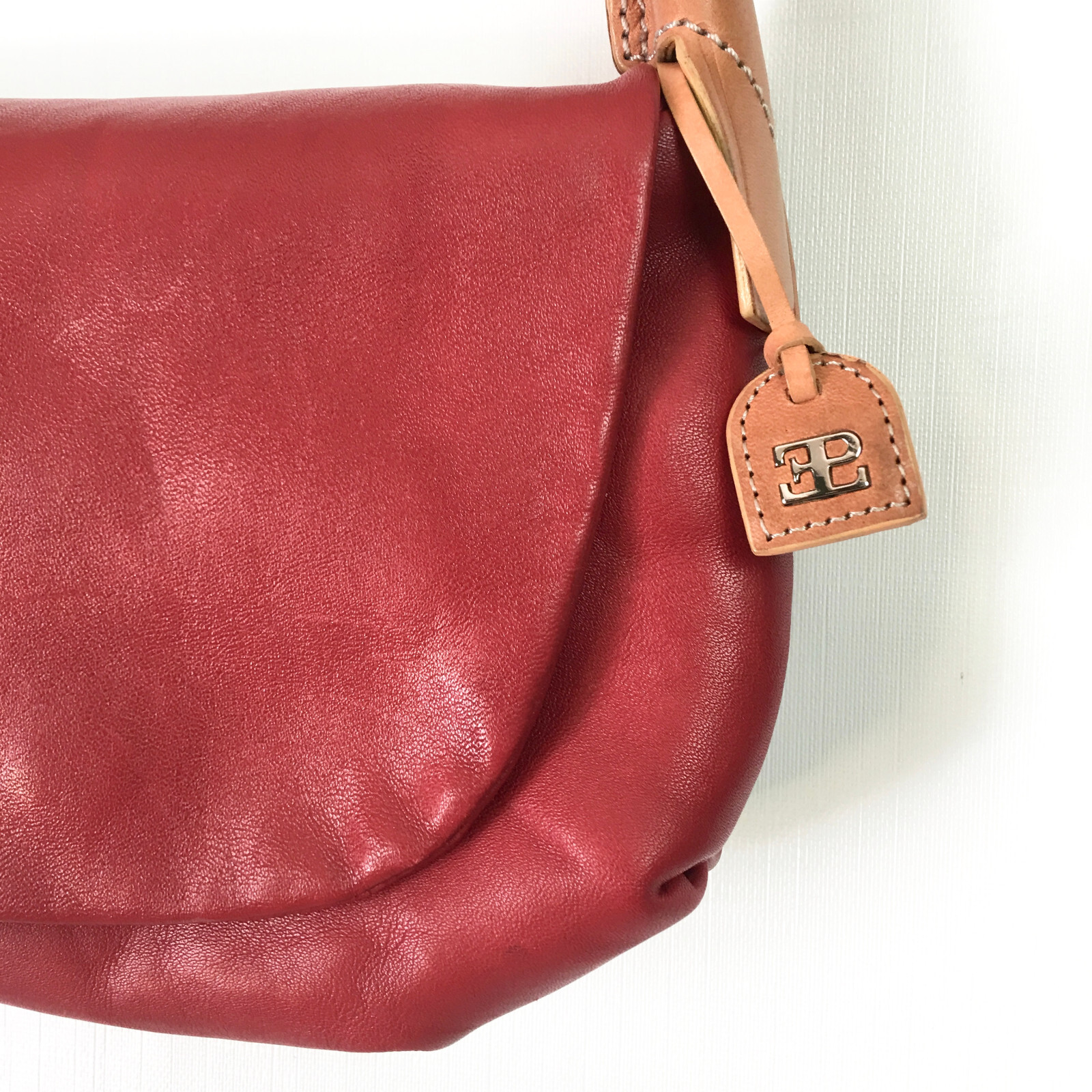 El Portal Shoulder Bag Red Leather Flap Purse Brown Trim