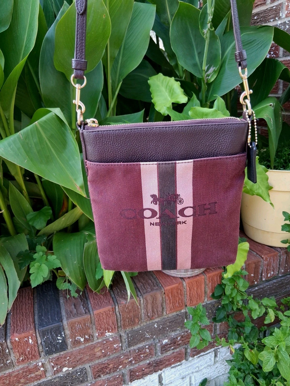 Vtg Coach Kitt Colorblock Crossbody Bag Brass Oxblood Leather Pink Jaquard Print