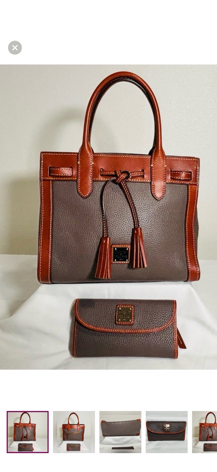 Dooney & Bourke Pebble Leather Tote & Matching Wallet Set-Brown With Tan Trim