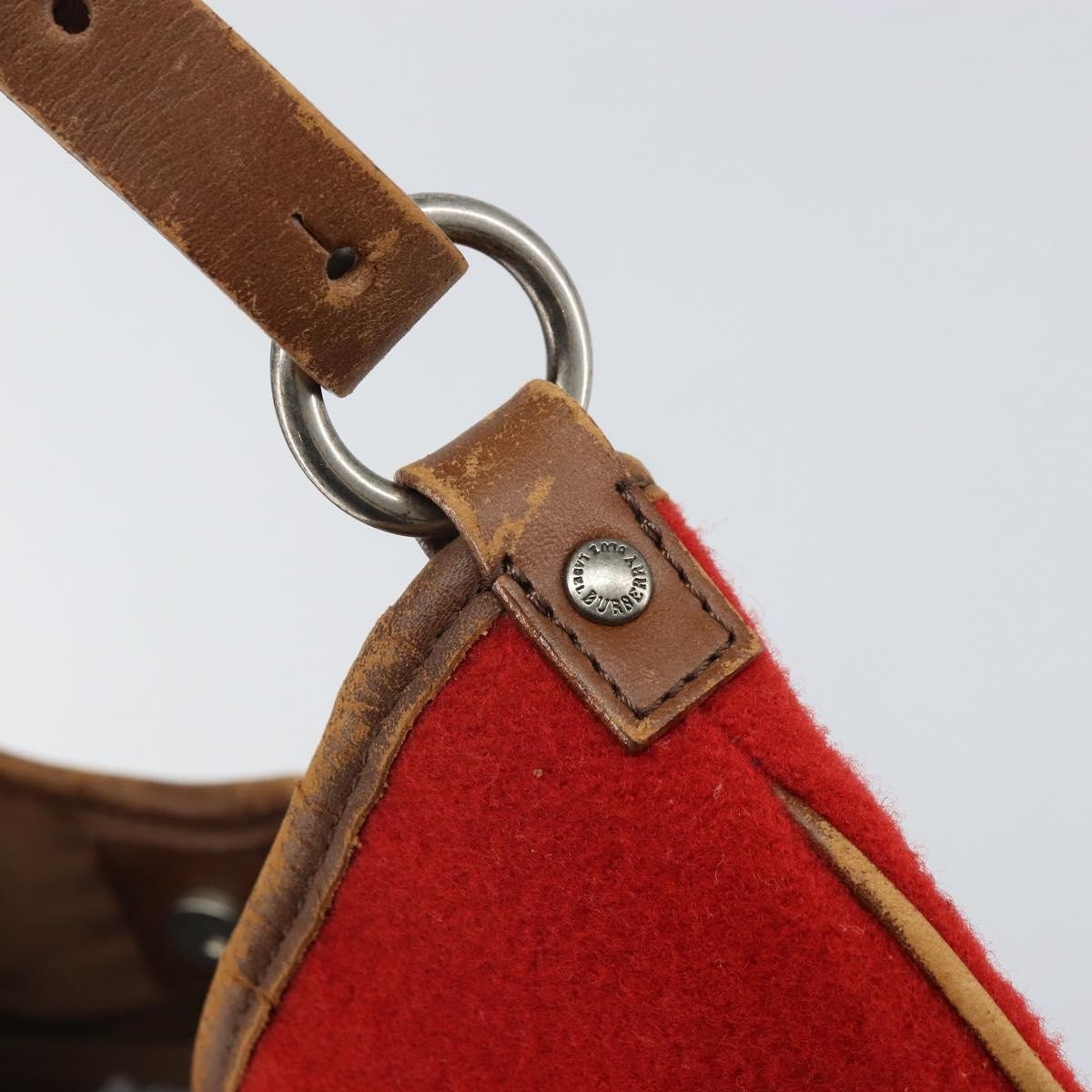 BURBERRY Blue Label Shoulder Bag Felt Leather Red Silver Auth ti3756