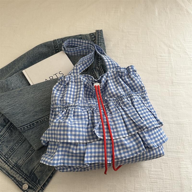 Women’s Tote Bag Ruffles Plaid Drawstring Canvas Shoulder Bag Large Capacity Fas