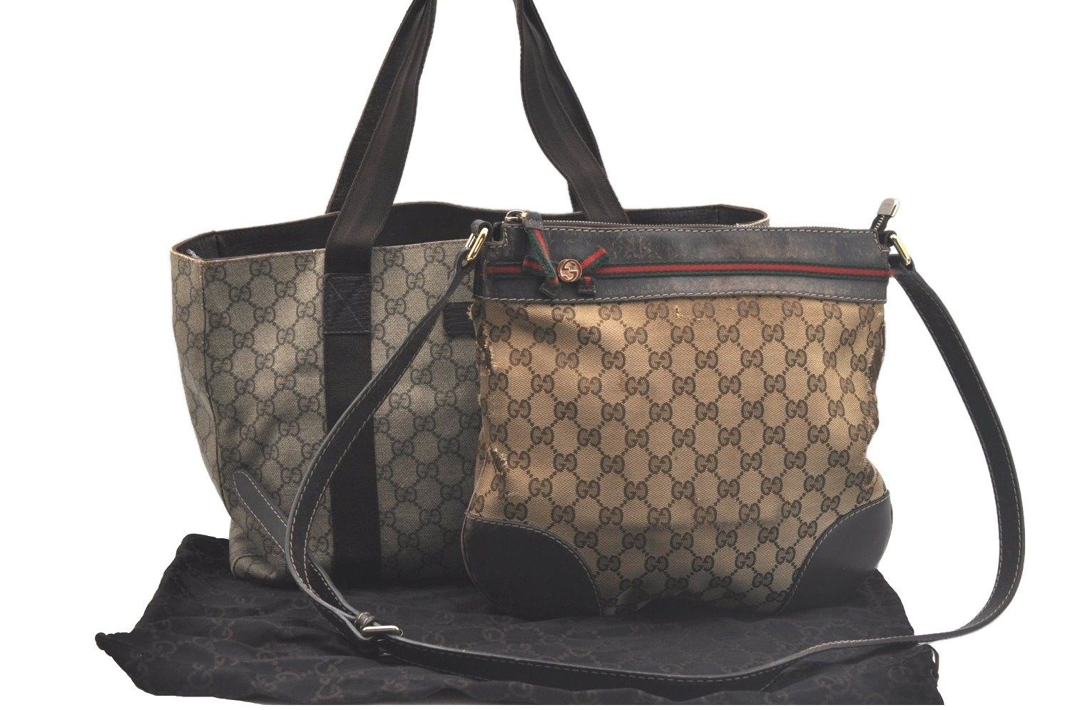 Auth GUCCI Web Sherry Line Shoulder Bag GG Canvas Leather PVC Brown 2Set AB228