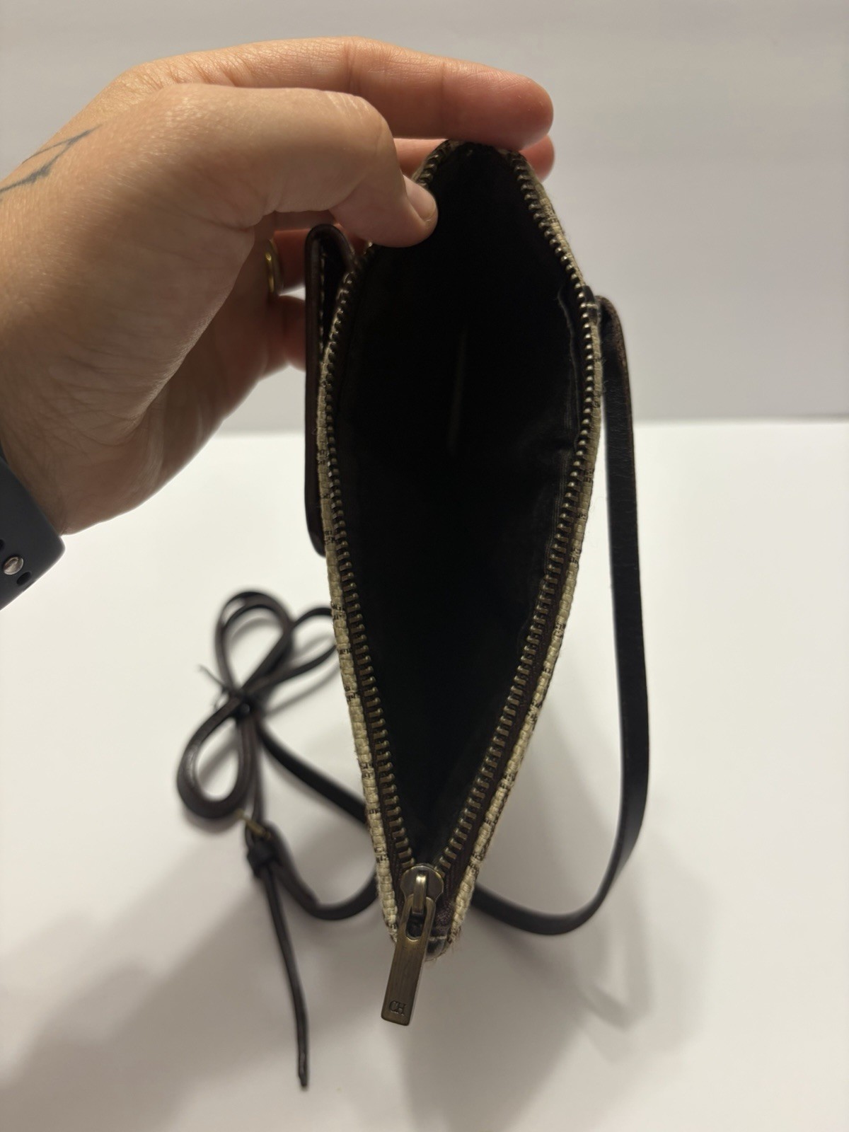 Carolina Herrera CH Monogram Crossbody Shoulder Phone Bag Brown Beige Trim