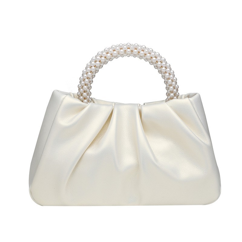 Women’s Pearl Handbag Soft Leather Ruched Clutch Wedding Party Evening Purse