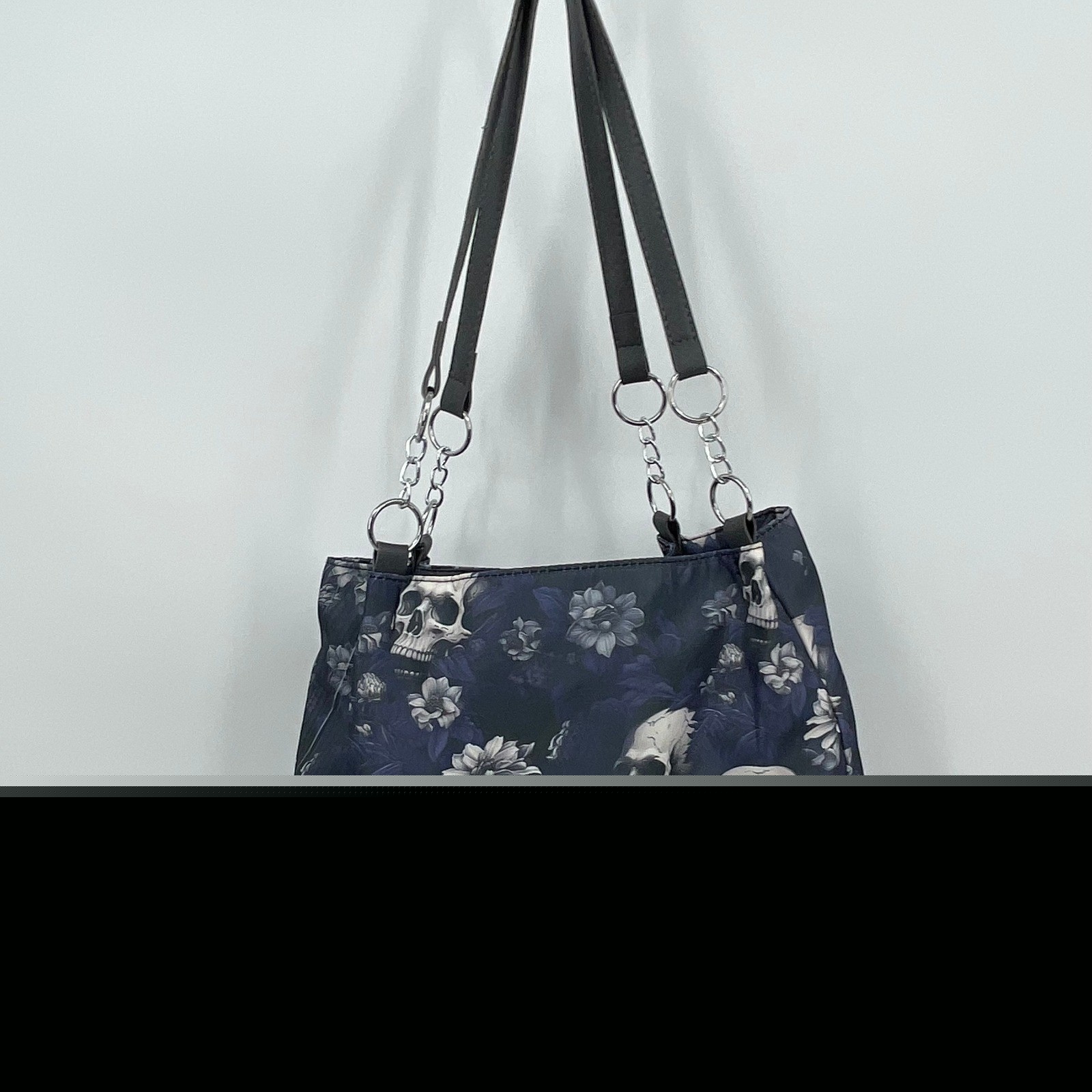 Meiduola YYDS Skull Floral Gothic Nylon Tote Bag Navy Blue Silver Chain Straps