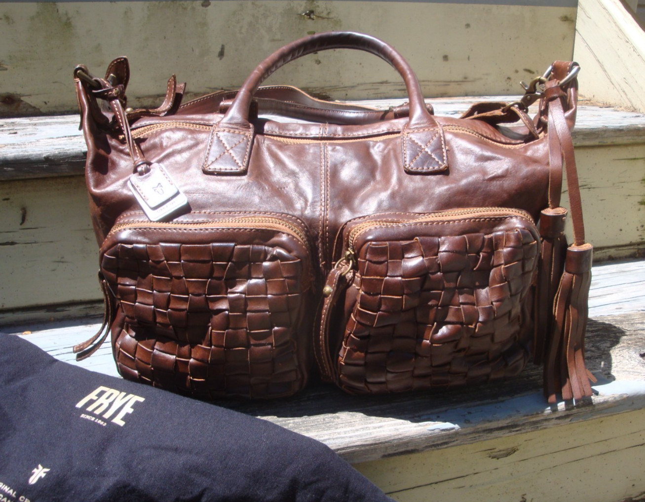 FRYE Vintage Dark Brown Leather Handbag Satchel Shoulder Woven Large Tote Fringe