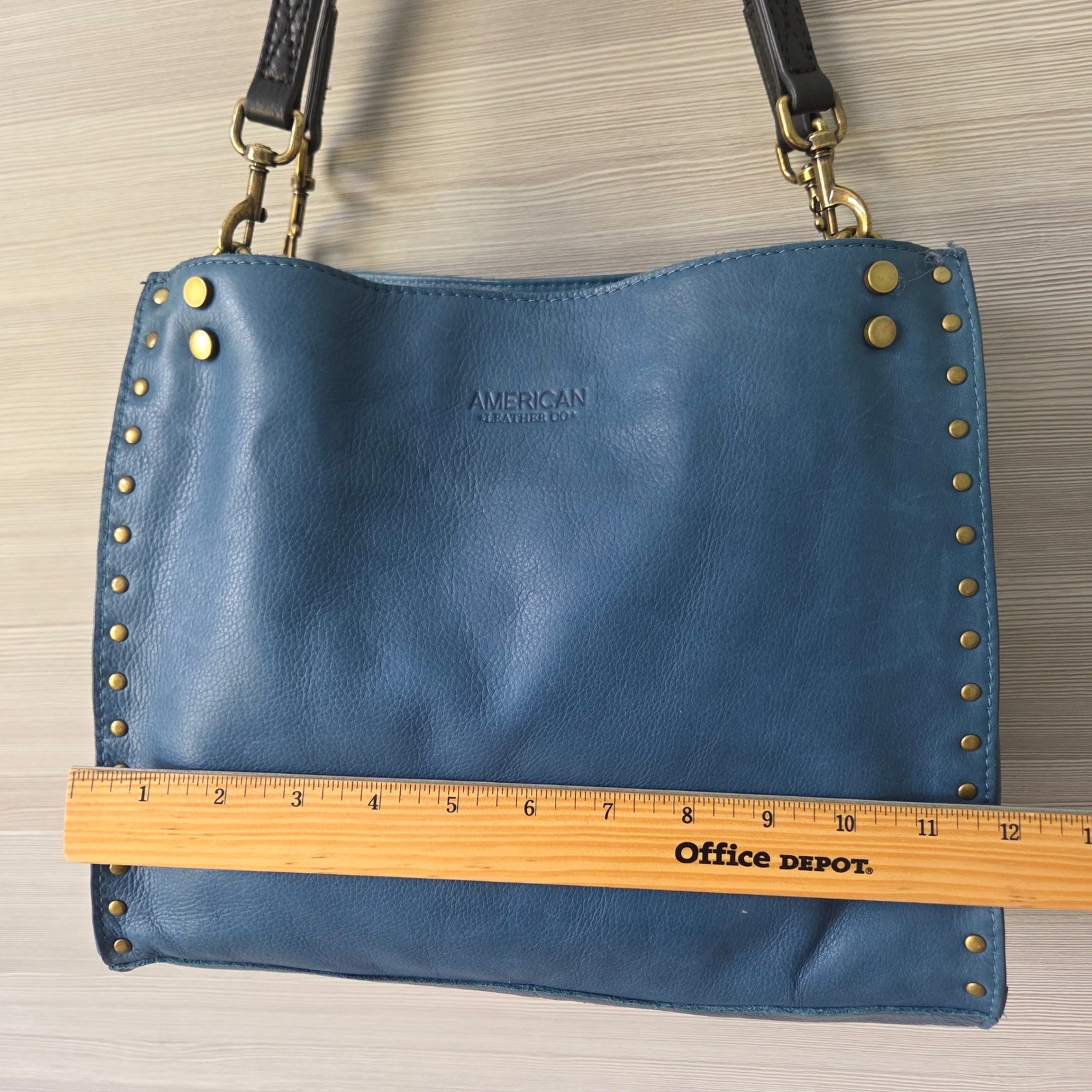 American Leather Co Studded Hobo Shoulder Bag Blue Pebble Leather Brass Studs