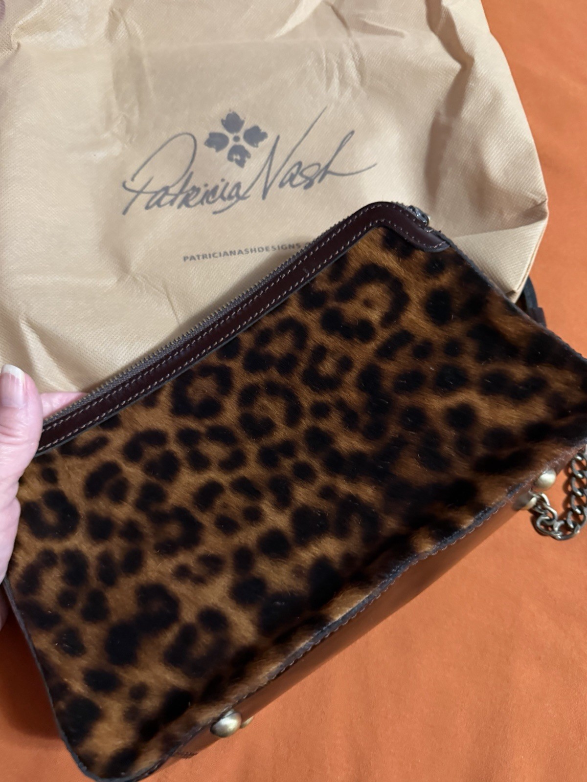 Patricia Nash Leopard Print Haircalf Brown Crossbody Zip Bag Chain Strap