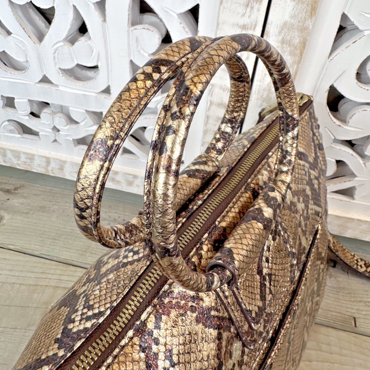 HOBO INTERNATIONAL Sheila Medium Satchel Crossbody Metallic Golden Snake Leather