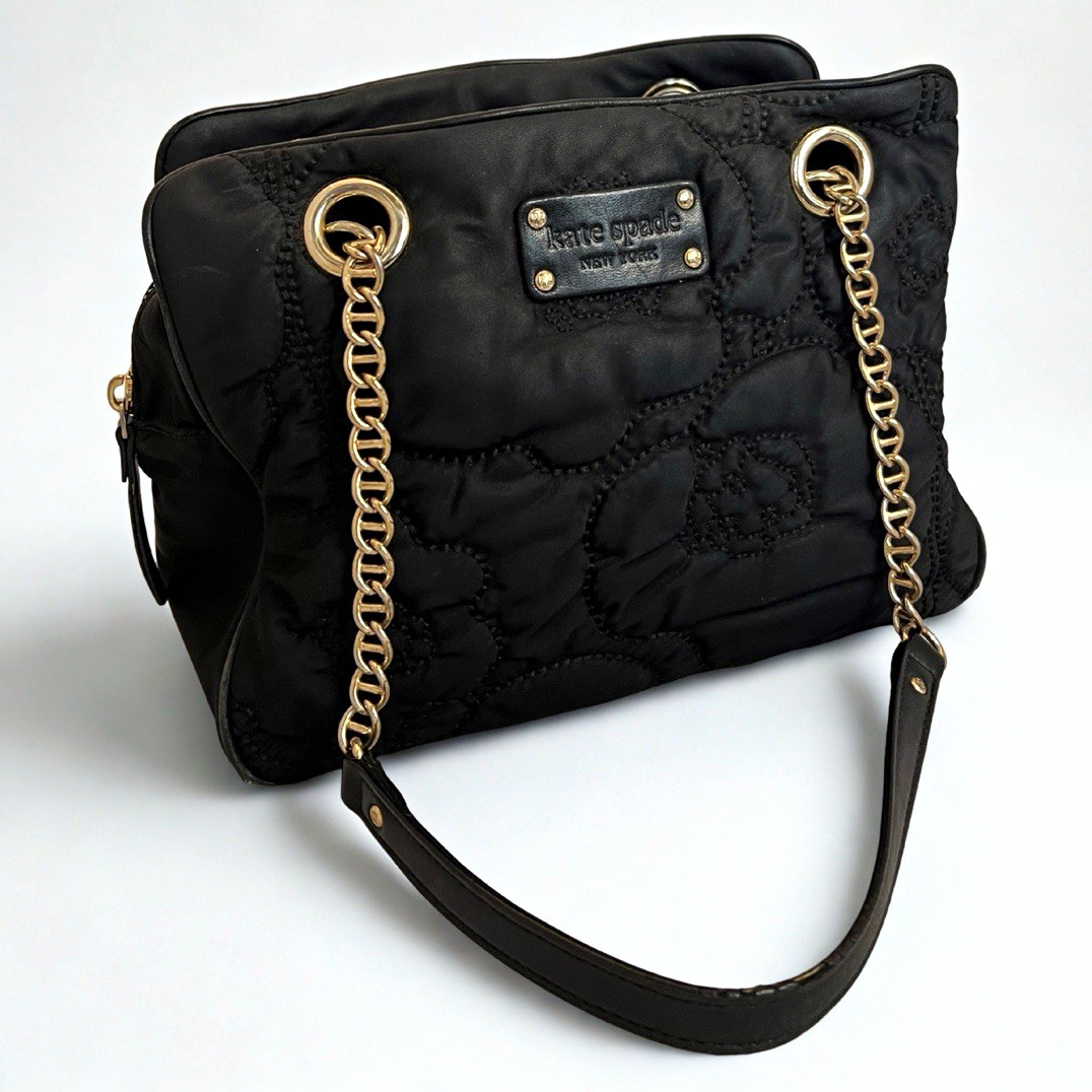Kate Spade New York Black Quilted PoppyShoulder Bag Gold Chain Strap Zip Top