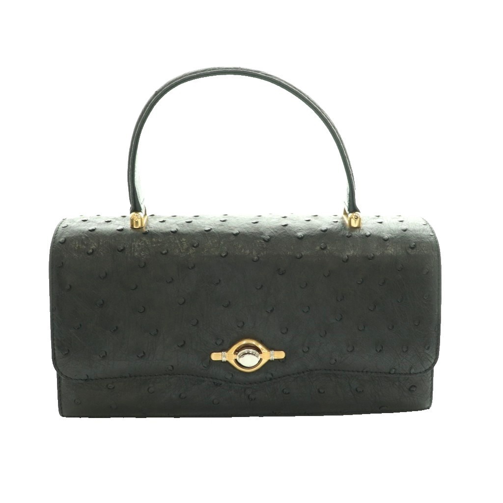 Ostrich Leather Handbag Black Ladies Vintage AB Condition 14cm x 27.5cm