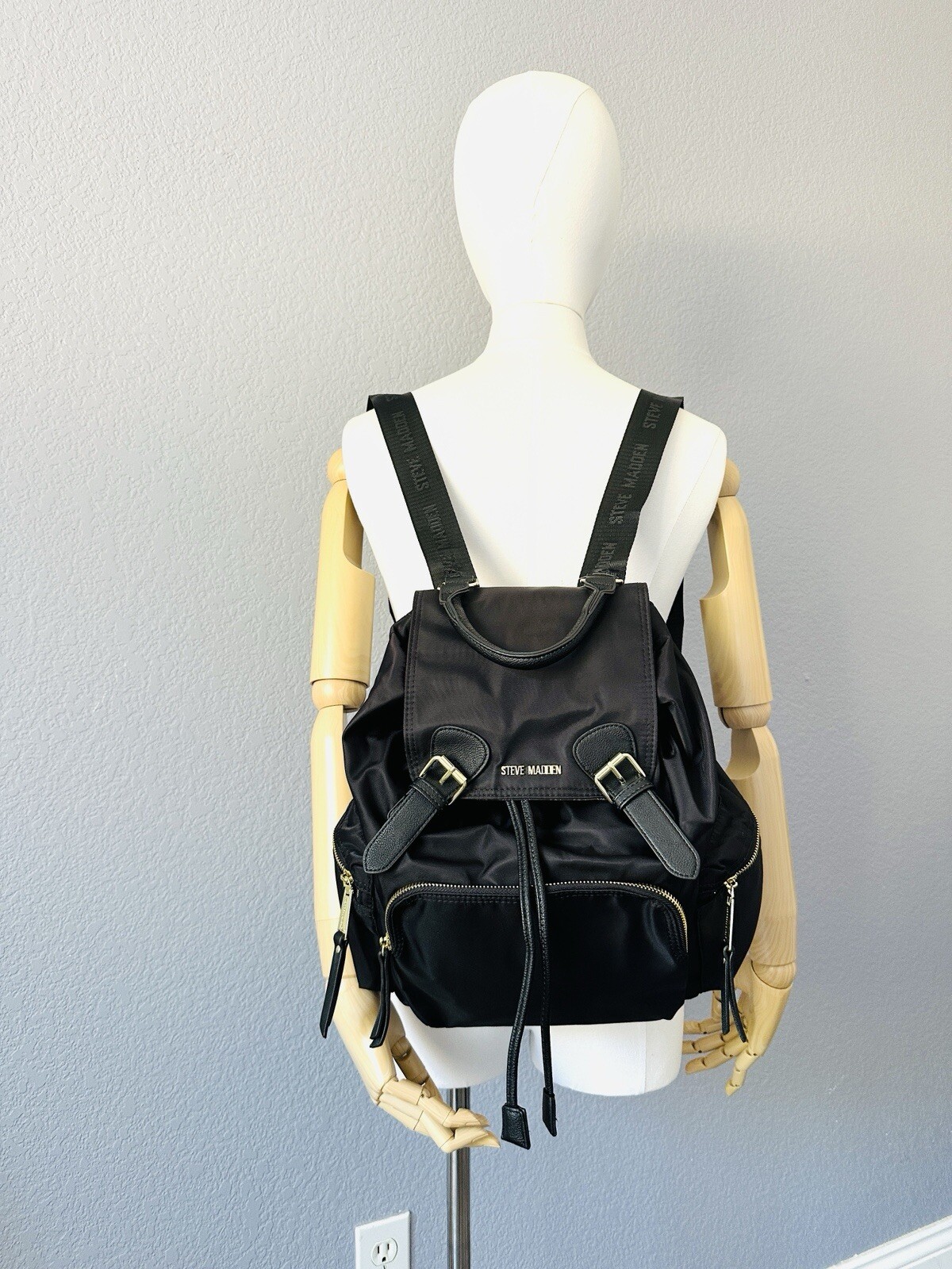 NWT Steve Madden BSOLLY Backpack Adjustable Straps Black Gold Burberry Dupe