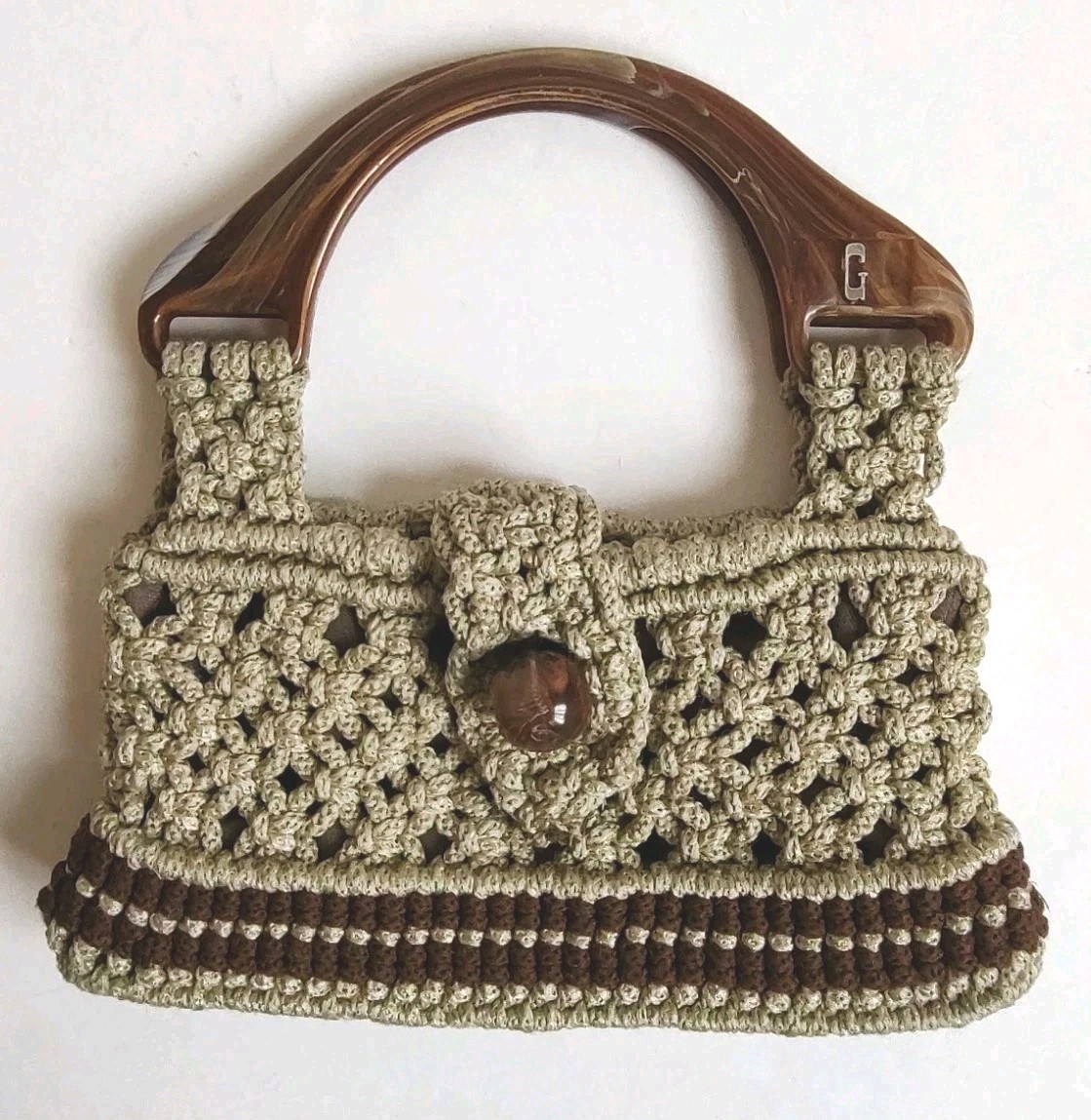 Vintage Macrame Bag Purse Marbled Accento Craft Handles Brown Grey Beige Crochet