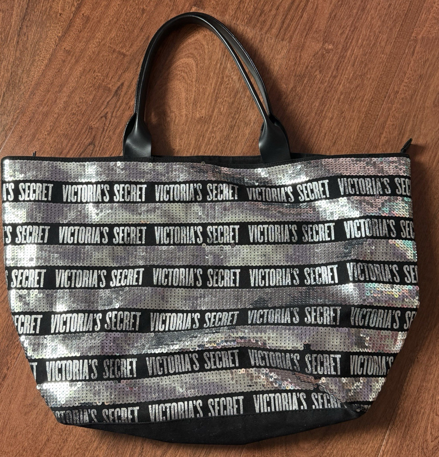 Victoria’s Secret Black & Silver Sequin Logo Tote Bag Zip Top Lined