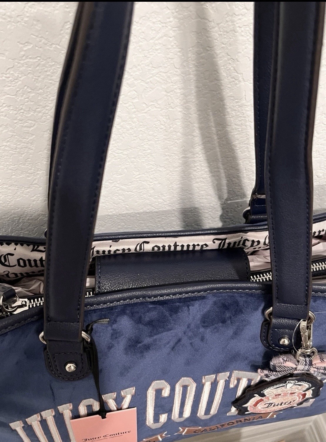 Juicy Couture Blue Large Logo Tote Shoulder Bag Zip Top Bow Charm Lined Pockets