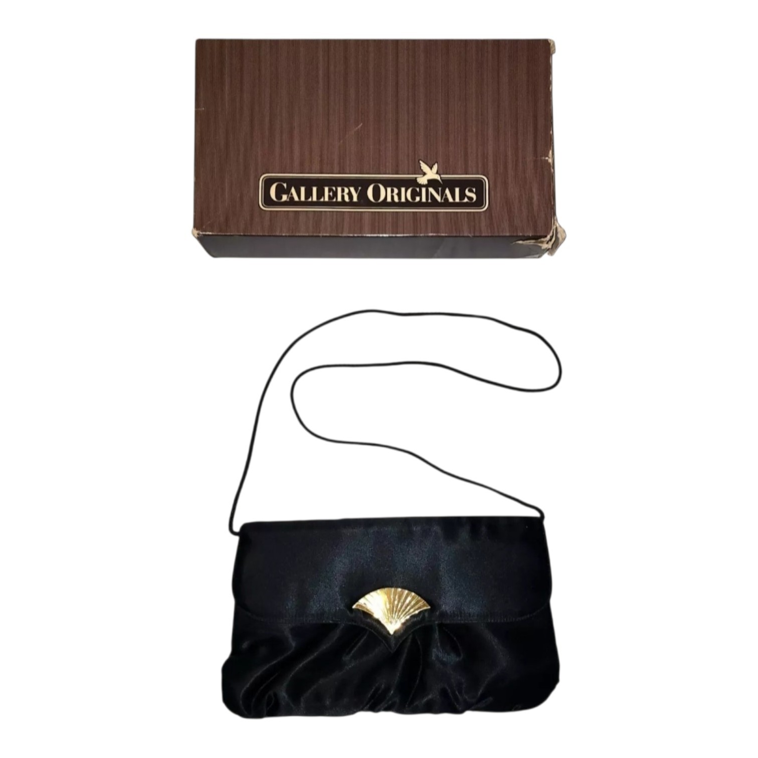 1980s Black Satin Evening Clutch Purse Avon Gallery Originals Gold Accent W/ Box
