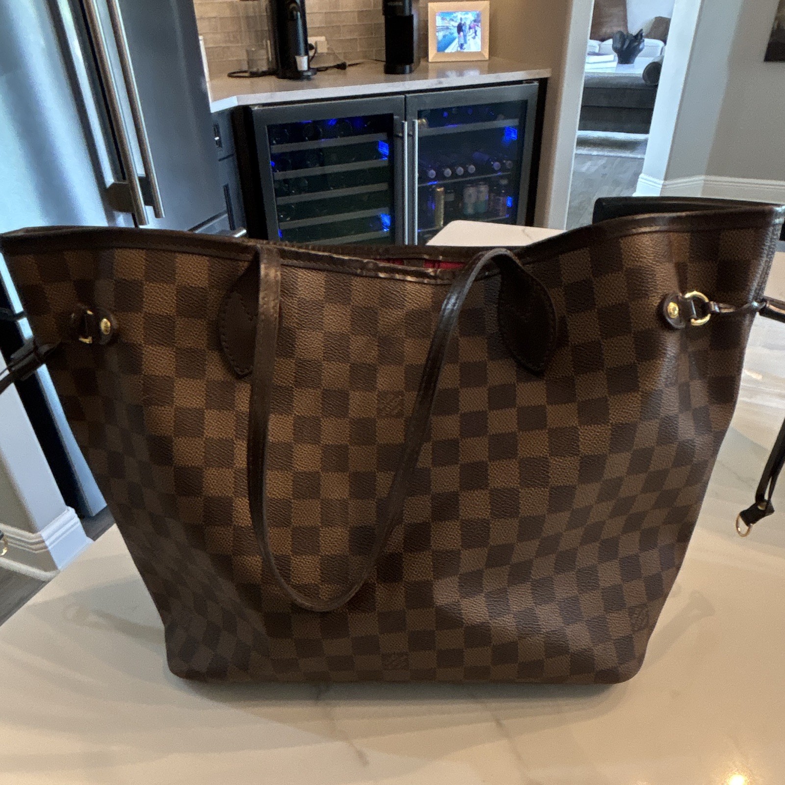 Louis Vuitton Neverfull Tote GM Damier Ebene Brown Red Lining Pouch