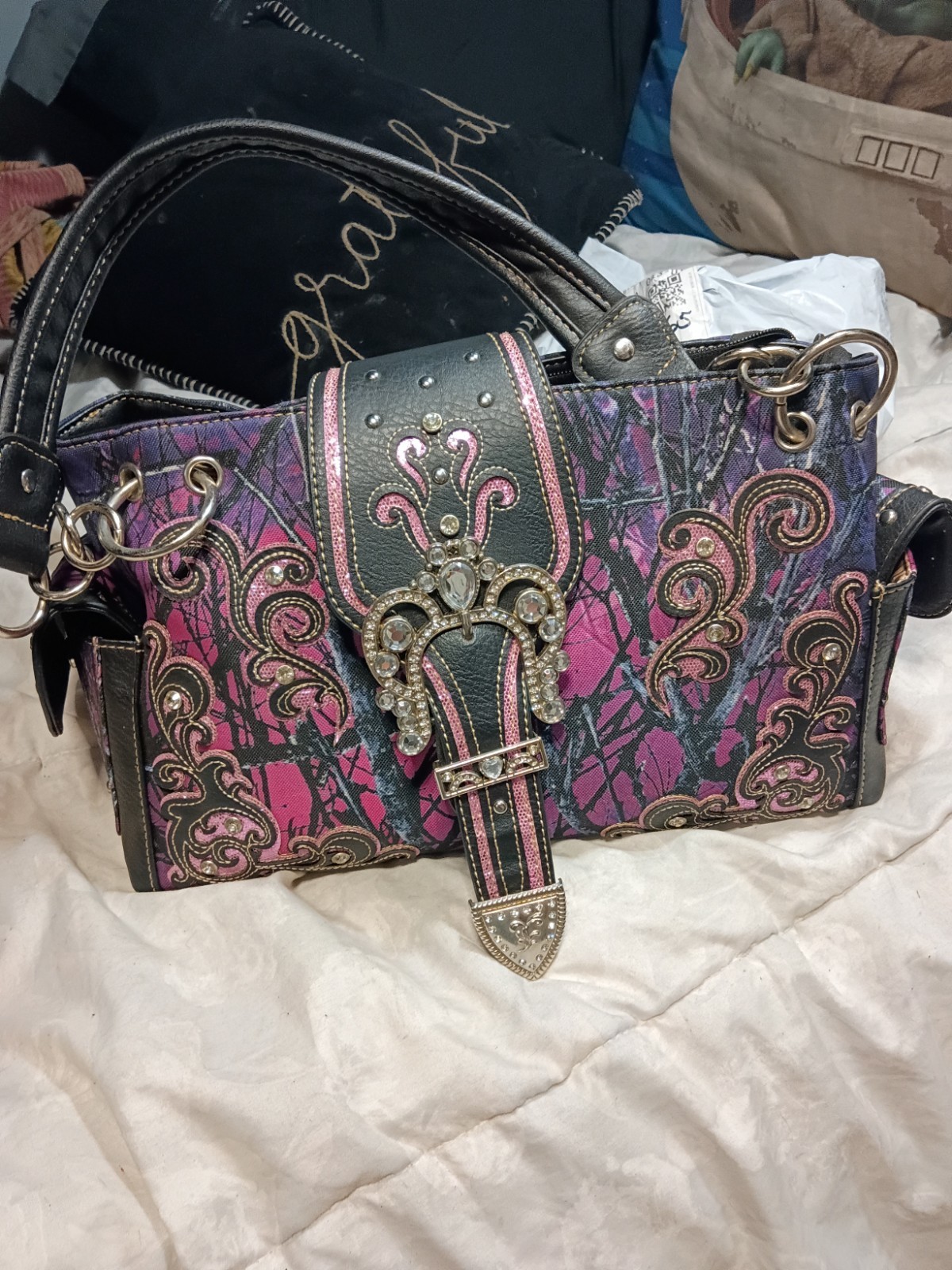 Pink Black Purple Camo Western Zip Satchel Top Handle Buckle Rhinestone Strap