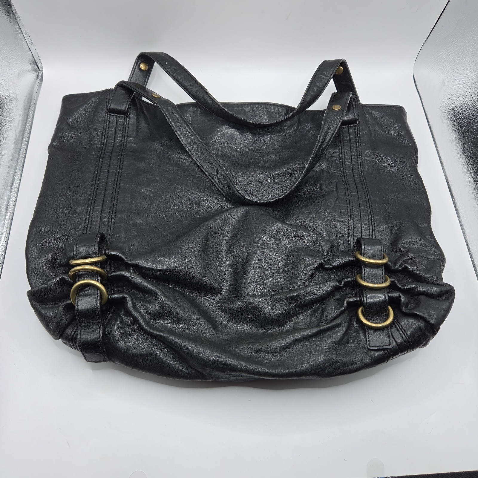 KOOBA Black Leather Tote Shoulder Bag Large Hobo Purse Brass Hardware