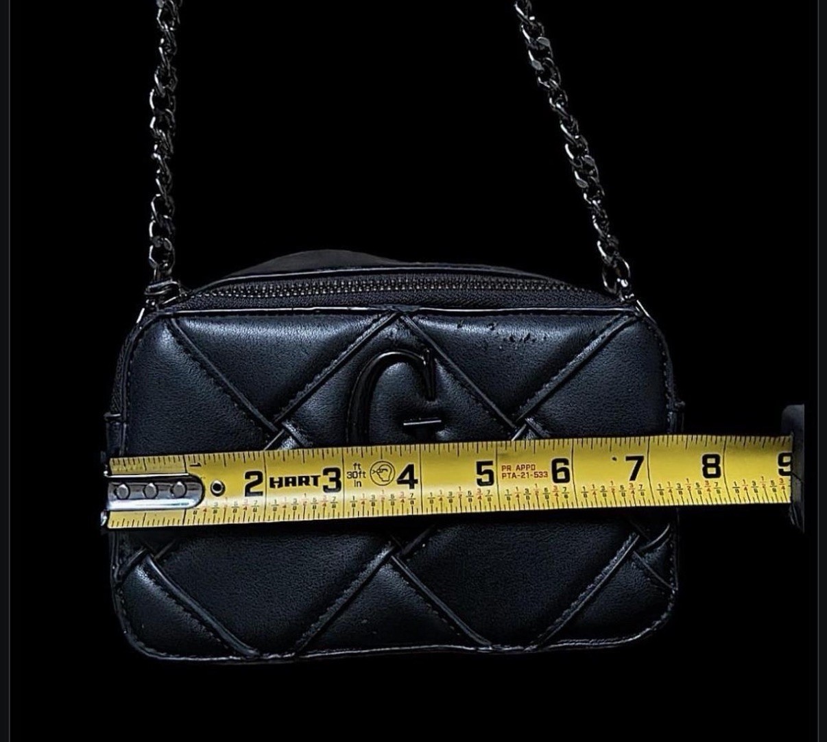 Small Black Quilted Logo Crossbody Bag w/ Chain Strap, Detachable Strap, Zipper