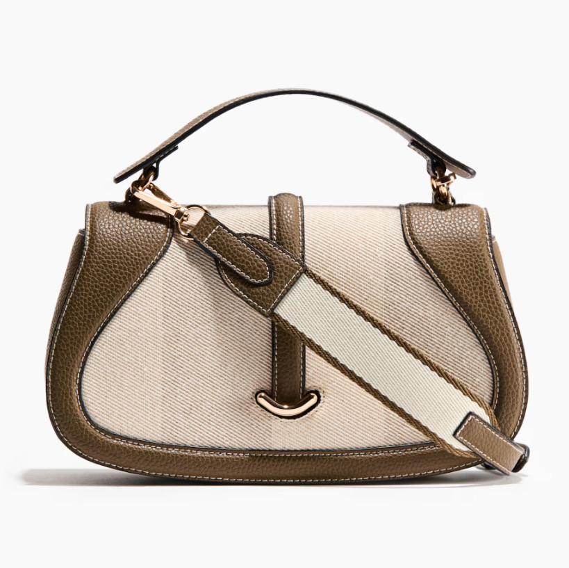 H&M Crossbody Bag Carabiner Hooks Flap | Khaki Green/Light Beige – Linen Details
