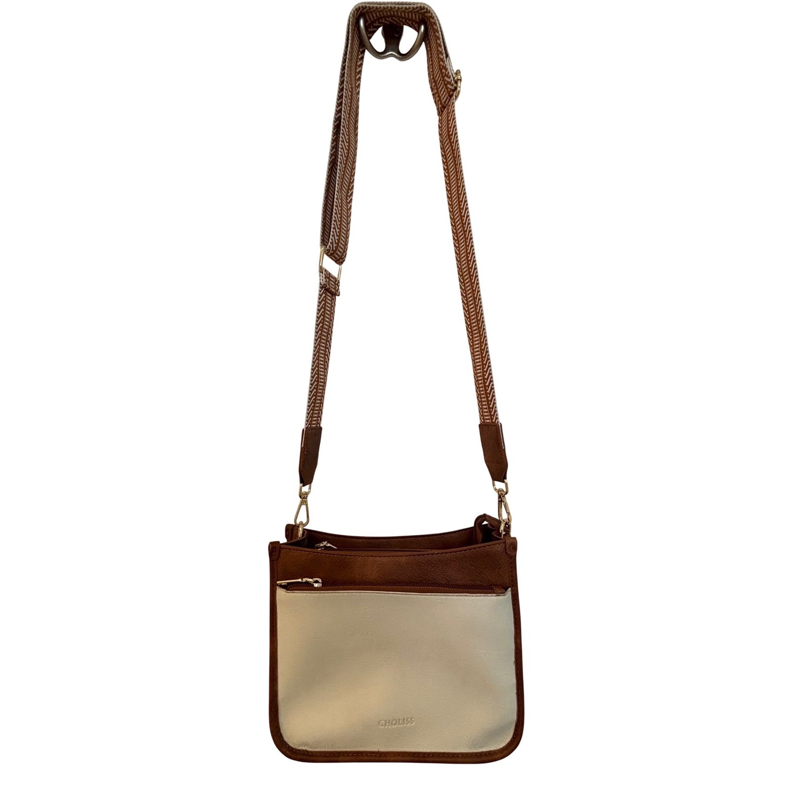 NWT CHOLISS Crossbody Bag Purse 9x8x3 in. Cream & Tan Trim Guitar Strap