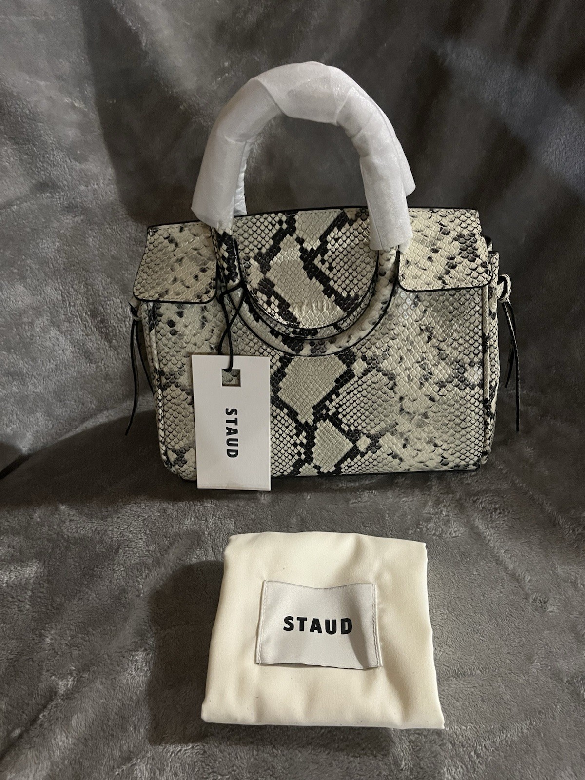 Staud Mini Carryall White Snake Evening Bag with Delicate Leather Size OZ
