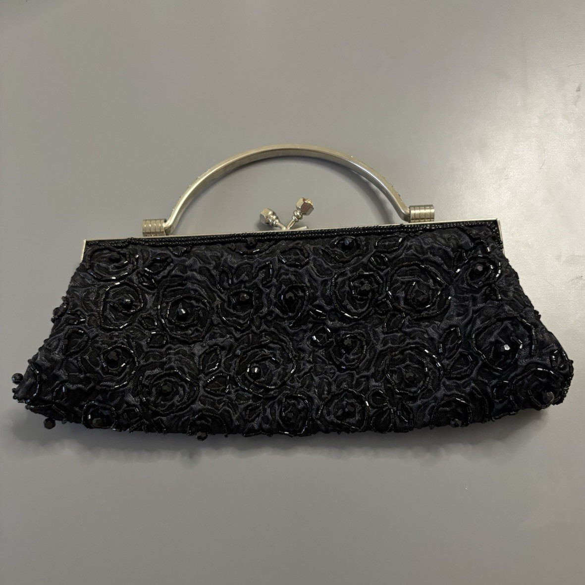 Black Floral Lace Beaded Clutch w/ Silver Metal Top Handle, Snap Closure