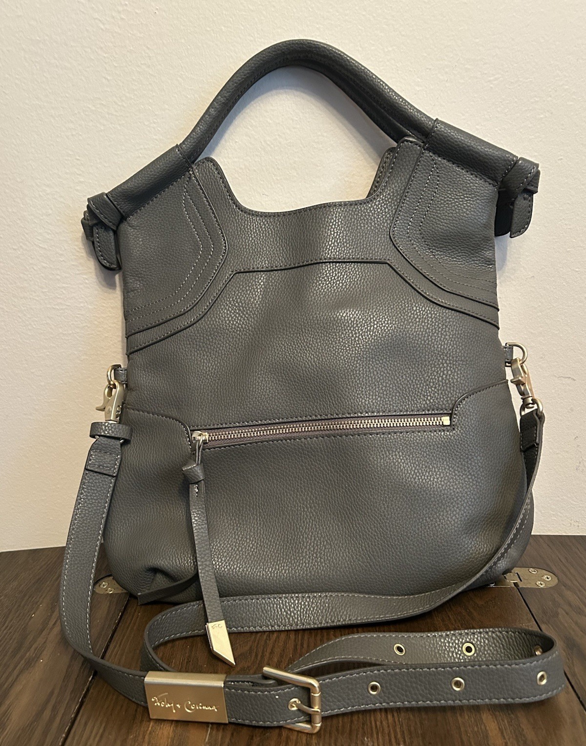 FOLEY + CORINNA Leather Bag Mid City Tote Large Soft Fold Over Crossbody Gray