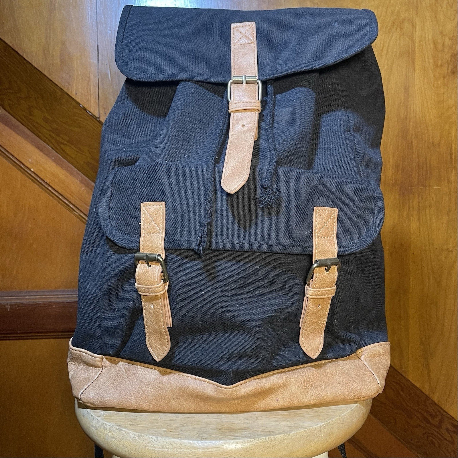 DSW – Black/Tan Canvas Backpack – Tie and Buckle Snap Button closure – NWOT
