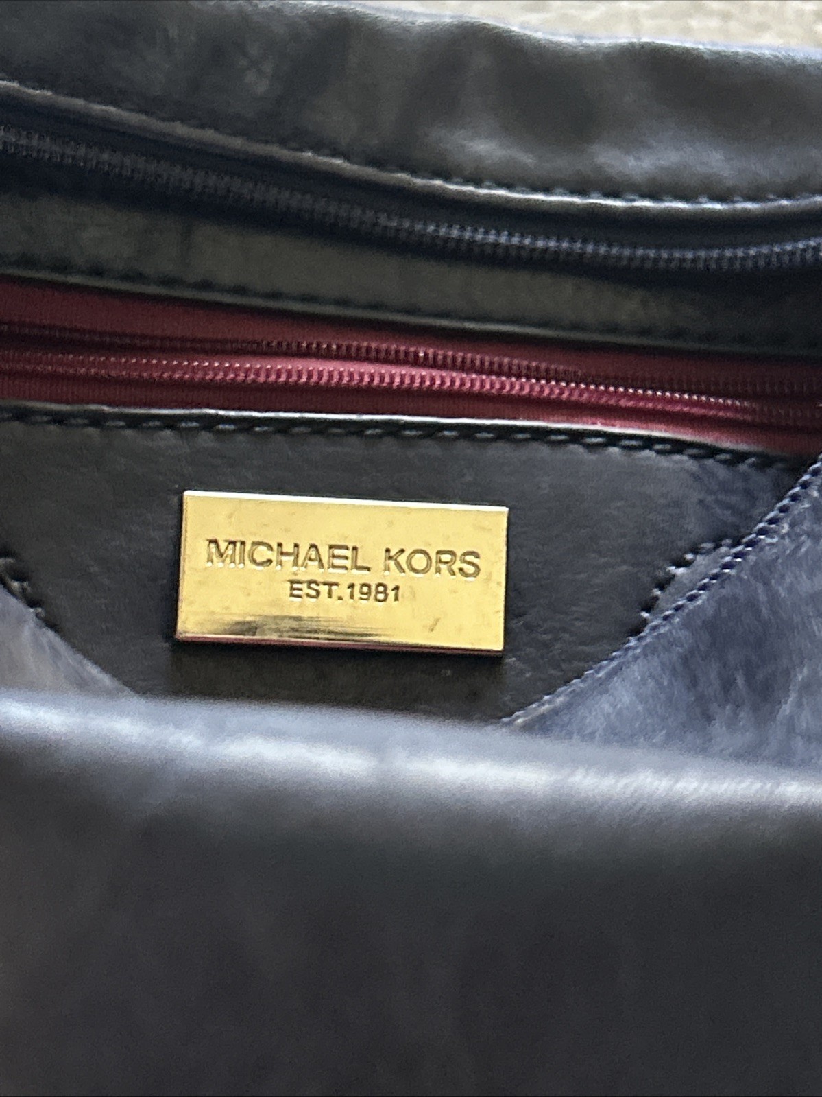 Michael Kors Navy Blue Leather Bag Purse Crossbody Red Interior 10.5 In X 8 In
