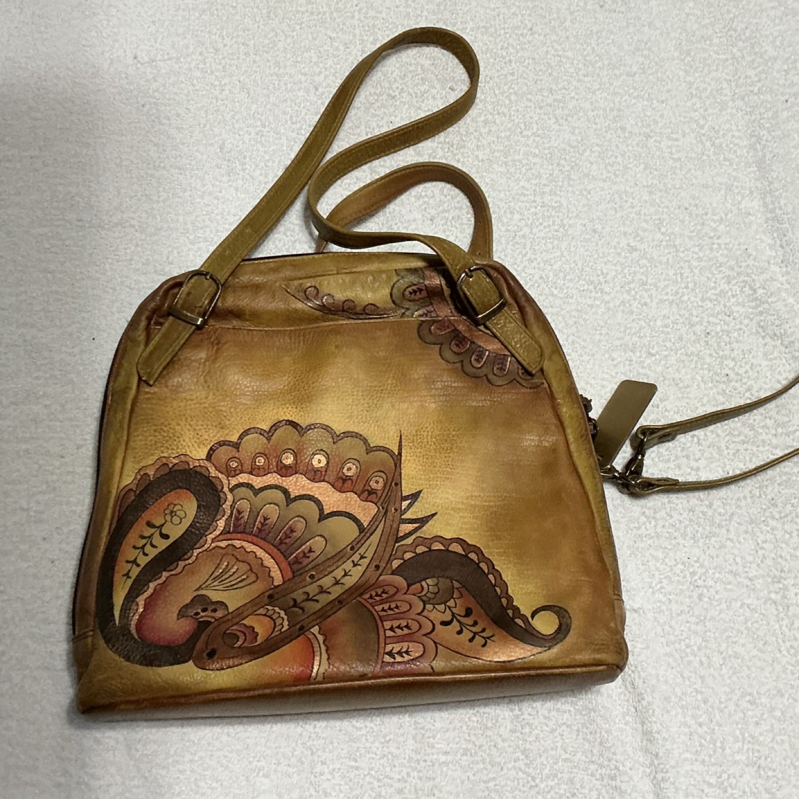 Anuschka Hand-Painted Shoulder Bag Brown Multicolor with Brand Card