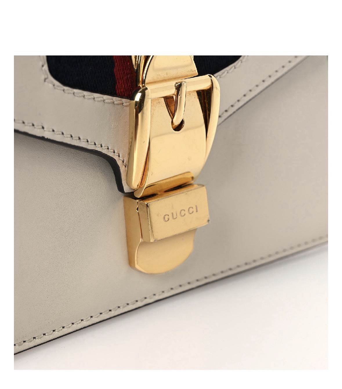 Gucci Sylvie Small White Shoulder Bag Web Stripe Gold Chain Buckle Strap