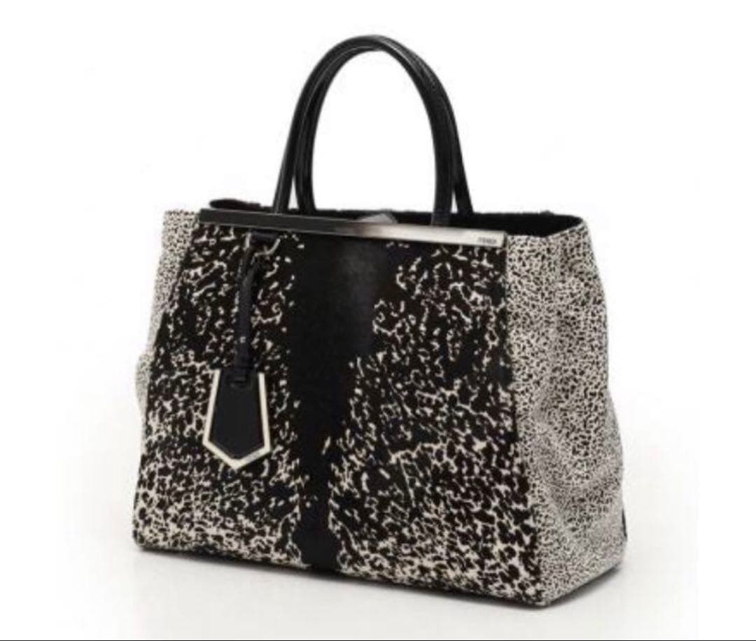 FENDI 2Jours Medium Tote Bag Black White Calf Hair Animal Print 2WAY Auth