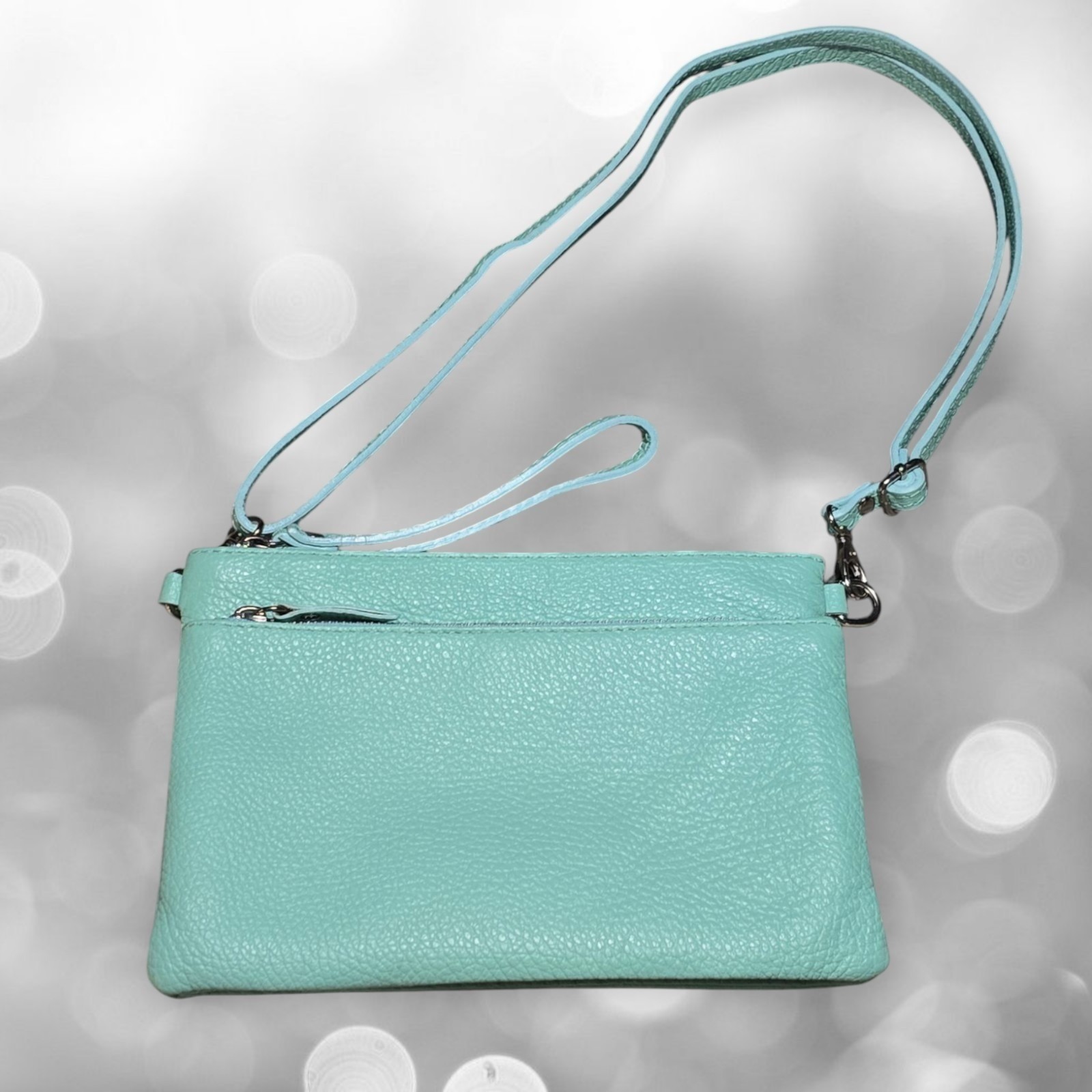 Made in Italy Women Genuine Leather Pebbled Crossbody Wristlet Mint Green Small
