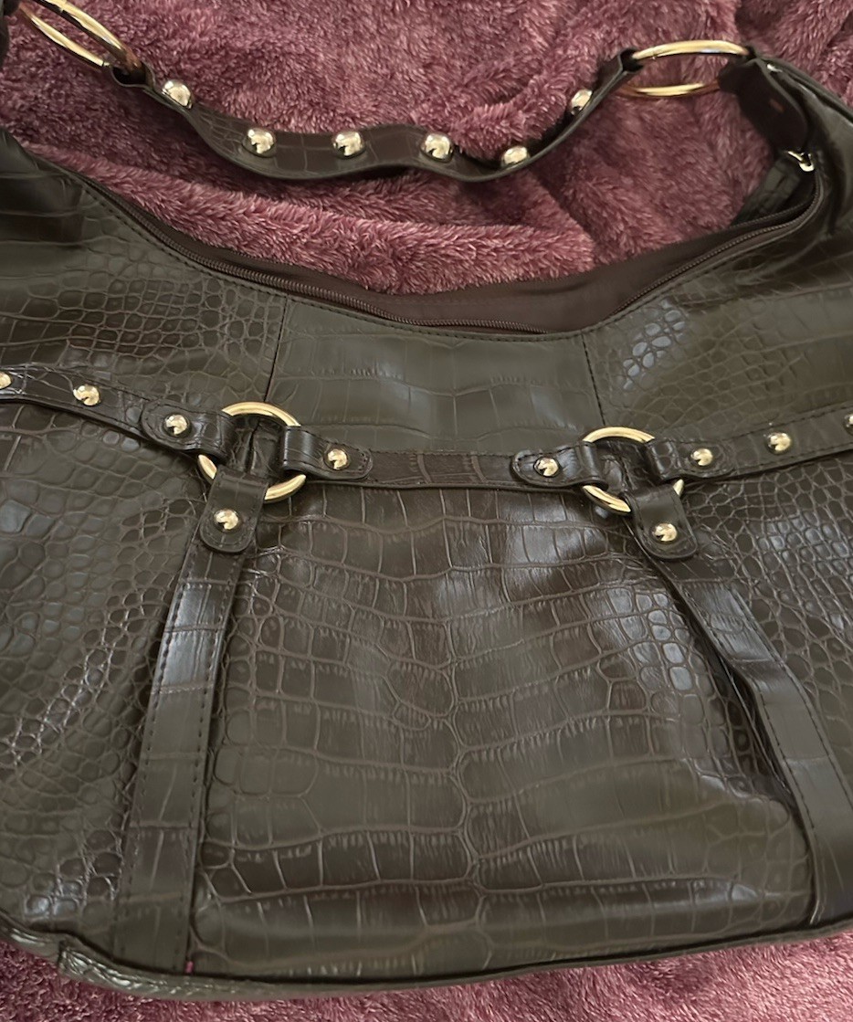 New 90s Brown Boho Croc Embossed Hobo Shoulder Bag Satchel Gold Hardware