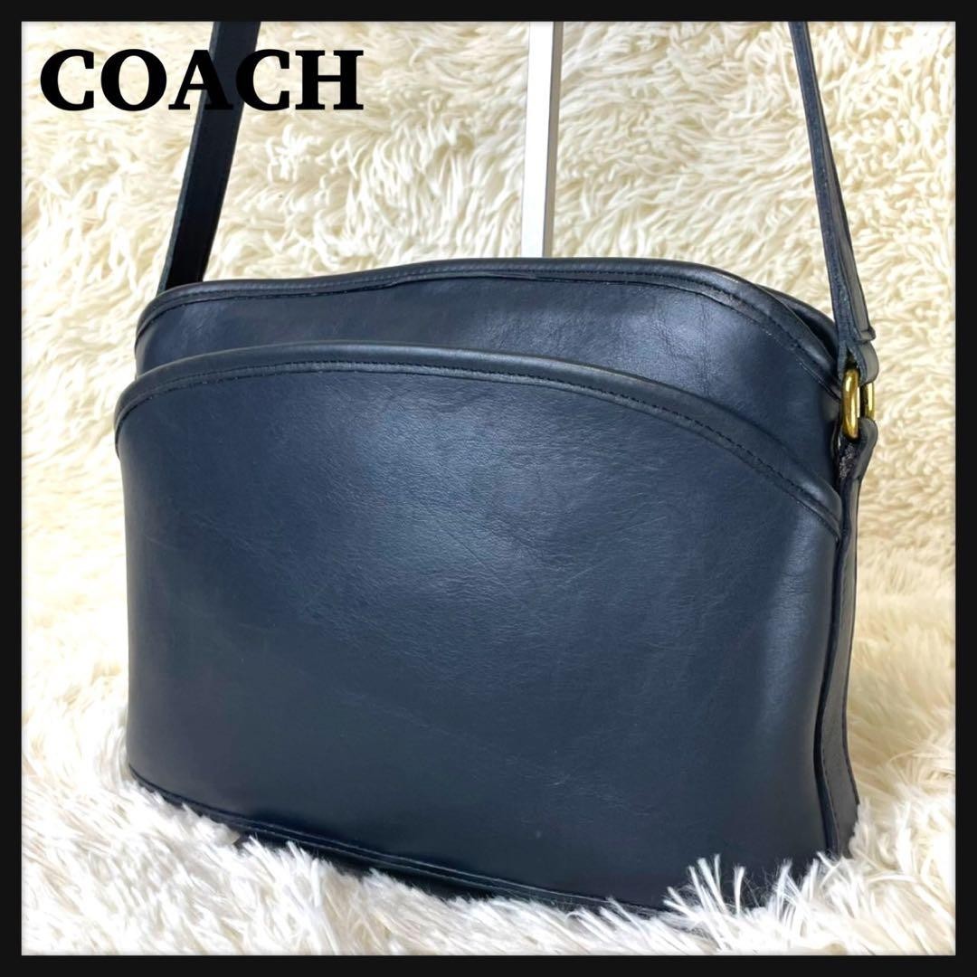 Vintage COACH Leather Shoulder Bag Navy Compact Crossbody 28x20x10cm Auth