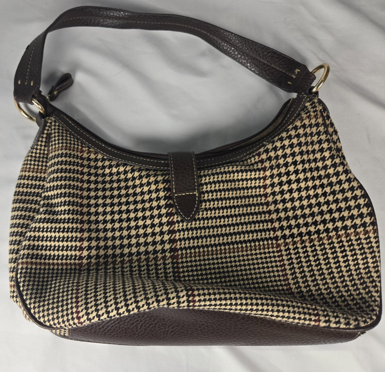 Chaps Houndstooth Plaid Shoulder Bag Purse Brown Padlock Preppy Y2K Academia