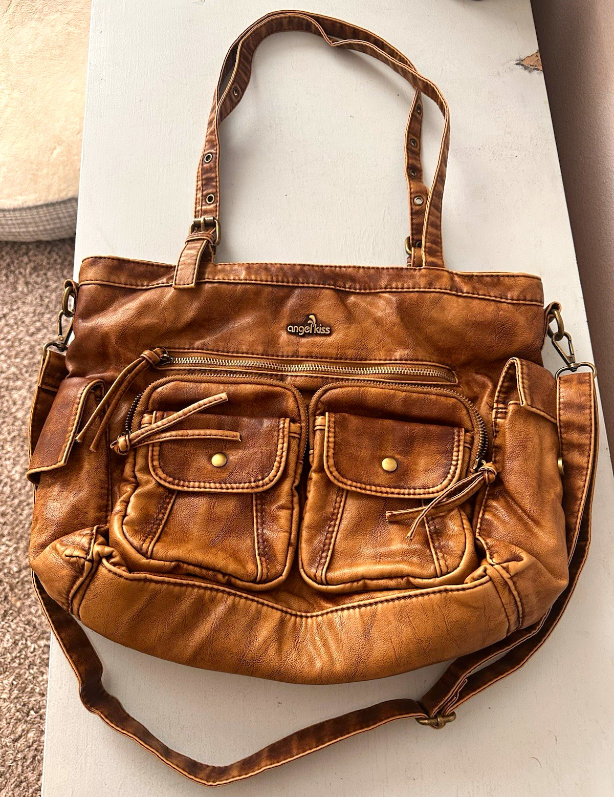 Angel Kiss Large Brown Shoulder Bag | Zip Closure | Gold Hardware | Pockets