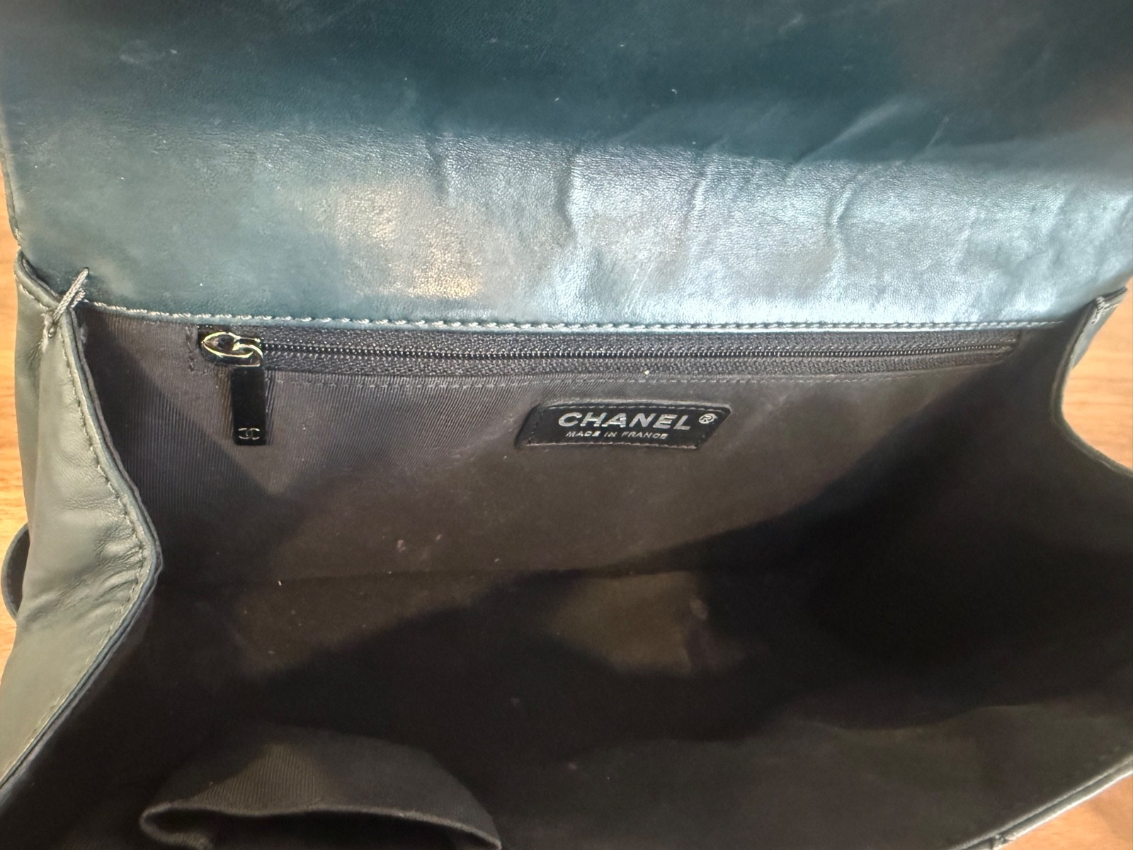 Authentic Chanel In the Mixing Messenger Bag Quilted Lambskin, Med, Green Slate