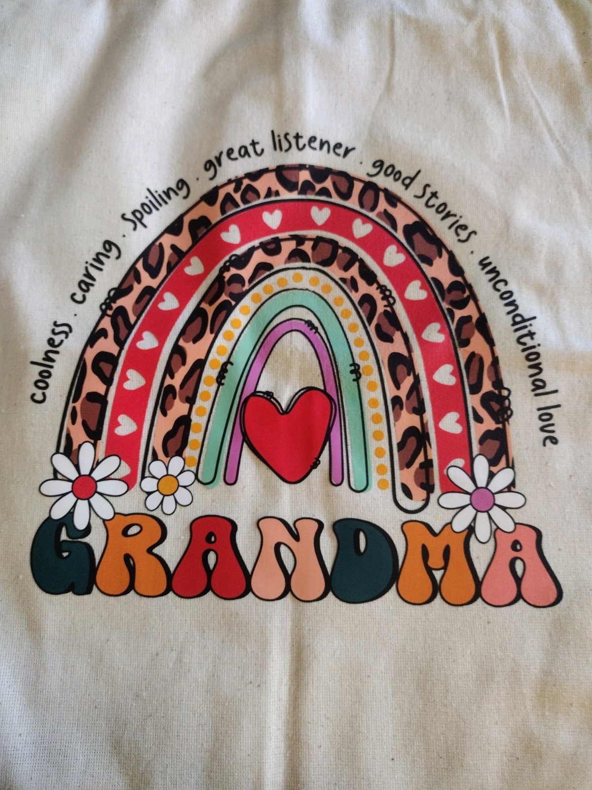 Custom Beige Tote Bag Printed “Grandma” Rainbow Heart Graphic Print Casual Women