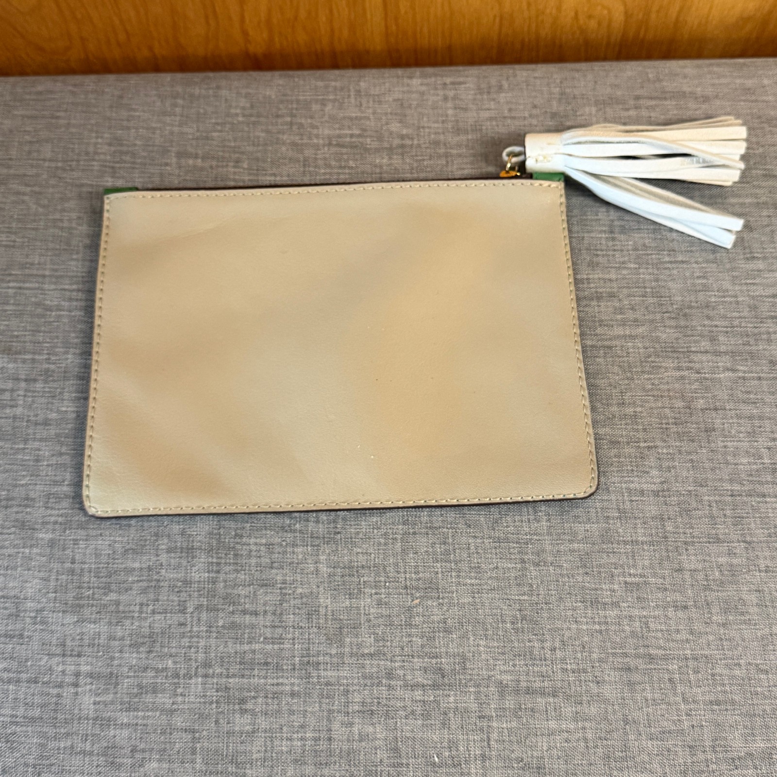 CH Carolina Herrera Two Tone Green Taupe Leather Zip Pouch Tassel Clutch