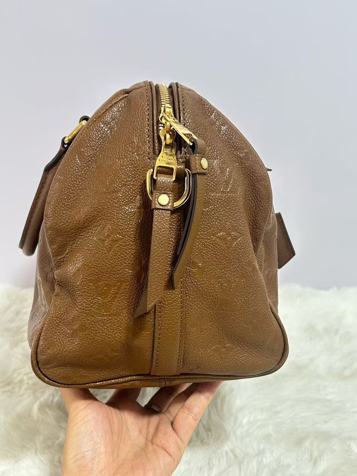 Louis Vuitton Speedy 30 Bandouliere Boston Bag Brown Empreinte Leather Gold