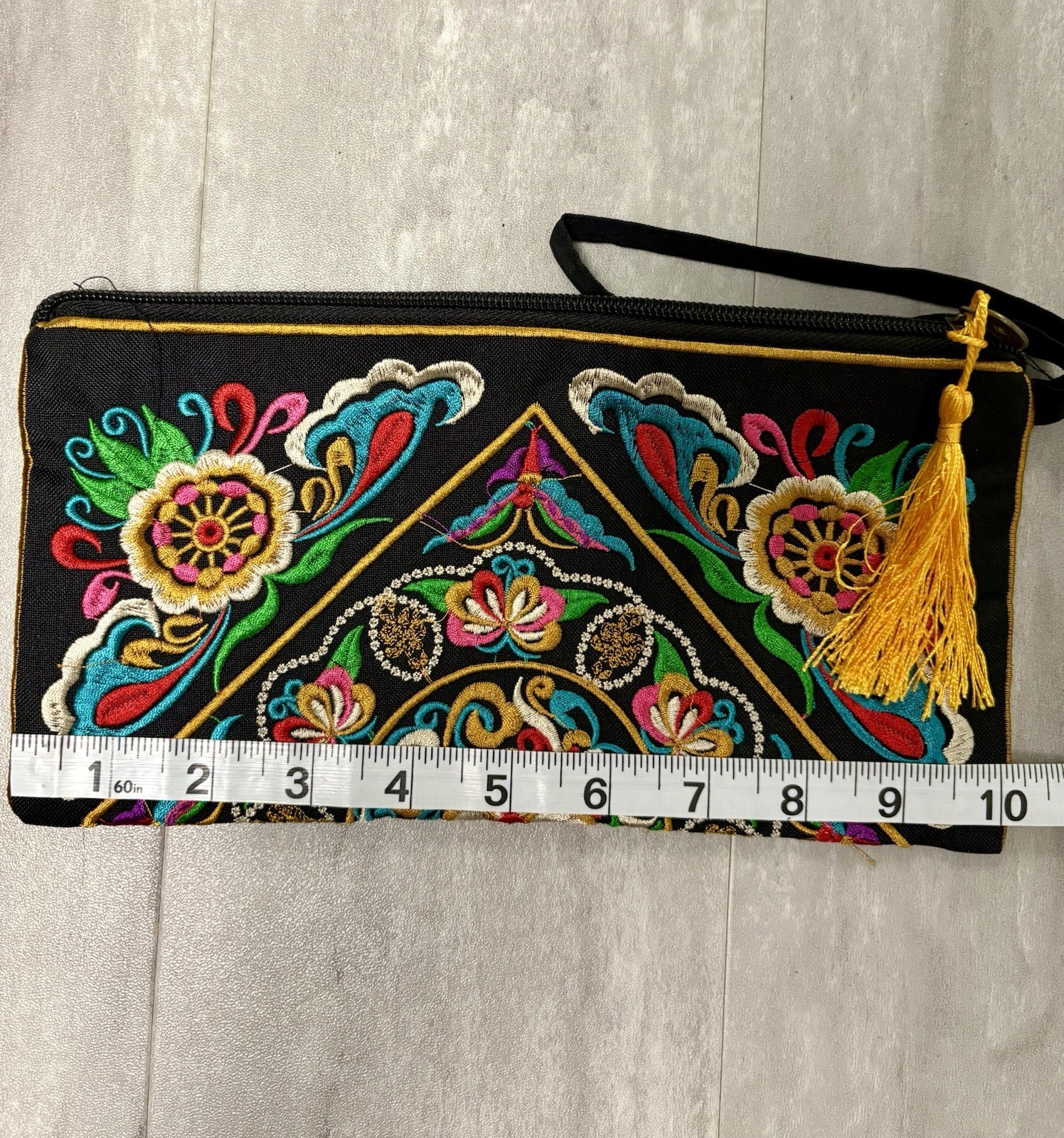 Vibrant Hmong style floral embroidered black canvas zip clutch wristlet. New.