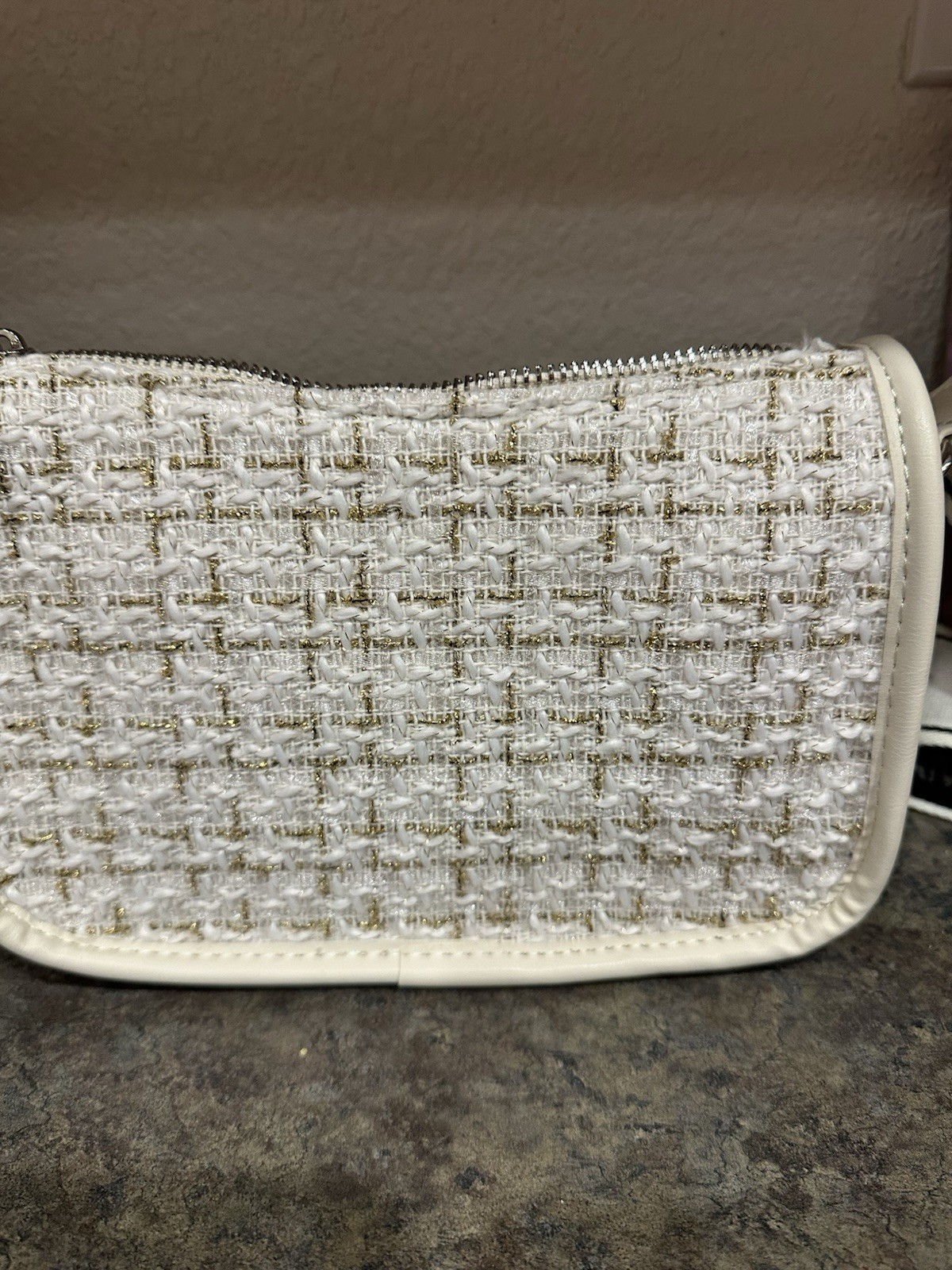 Steve Madden White Woven Crossbody Bag, Zip Closure, Logo Strap, Silver HW