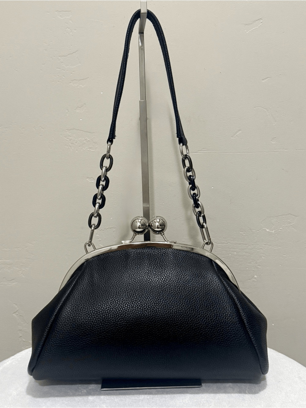 Black Togo Cowhide Leather Handmade Retro Style Kisslock Bag, Multi Use Style
