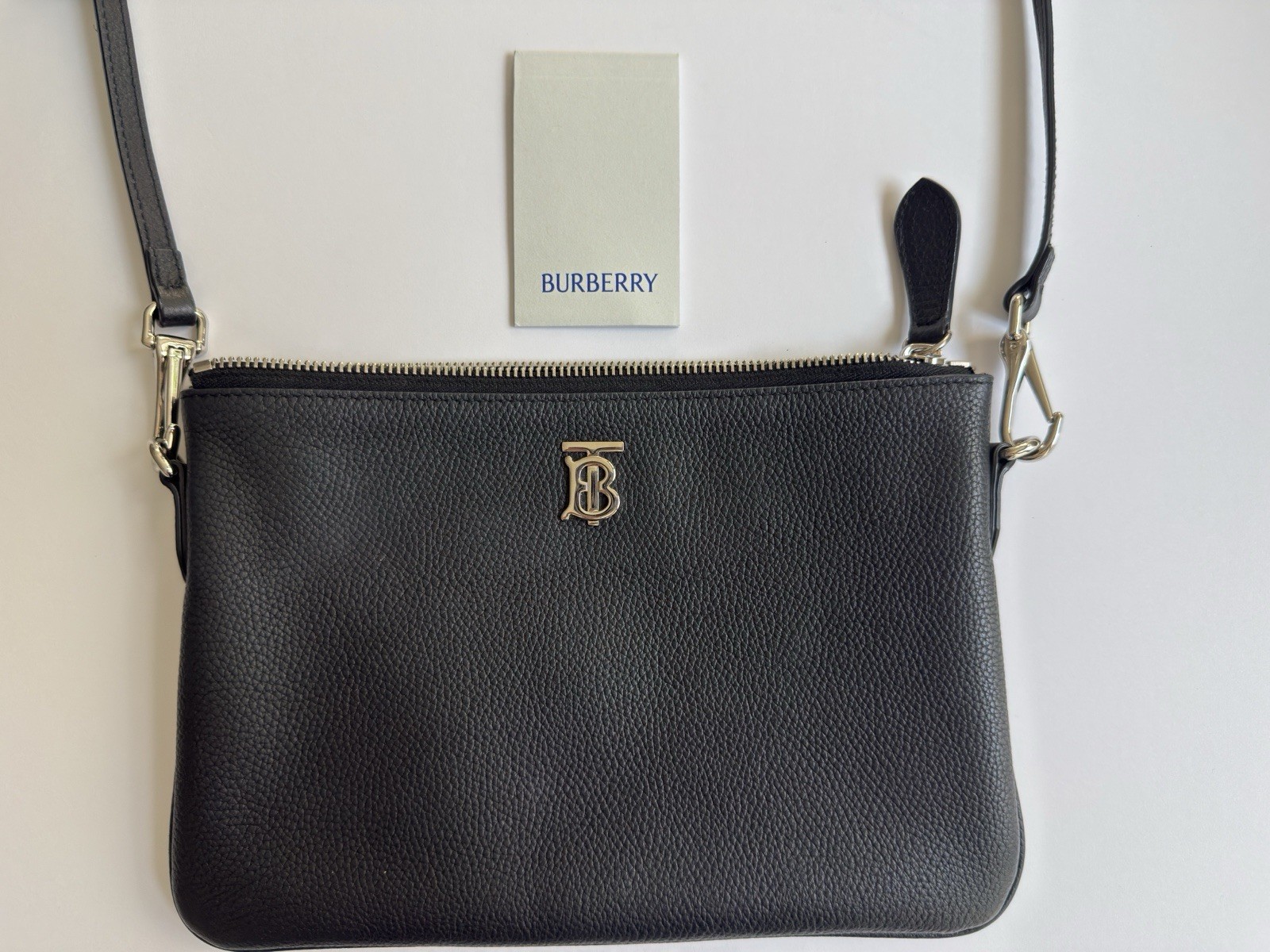 Burberry Authentic Peyton Leather TB Logo Crossbody Bag Purse Black MadeIn Italy