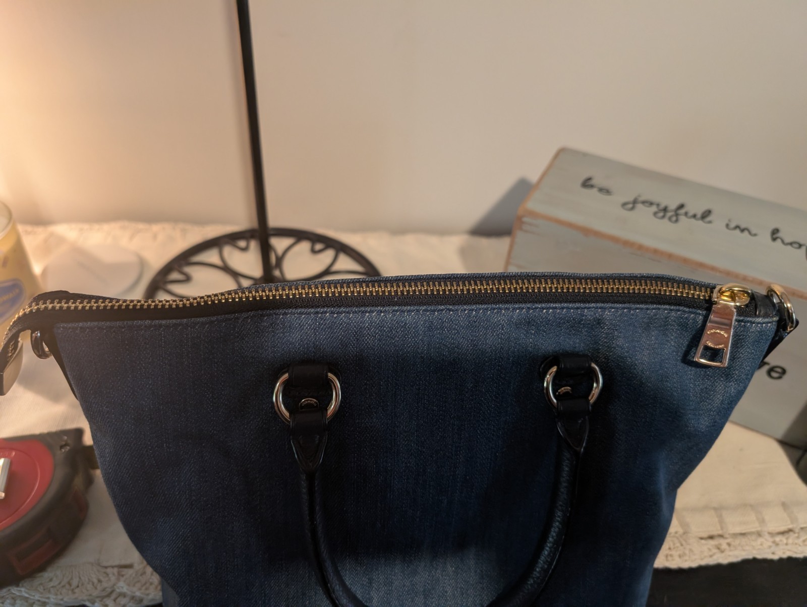Coach Denim Navy Satchel Crossbody Gold Accents, Pink Interior
