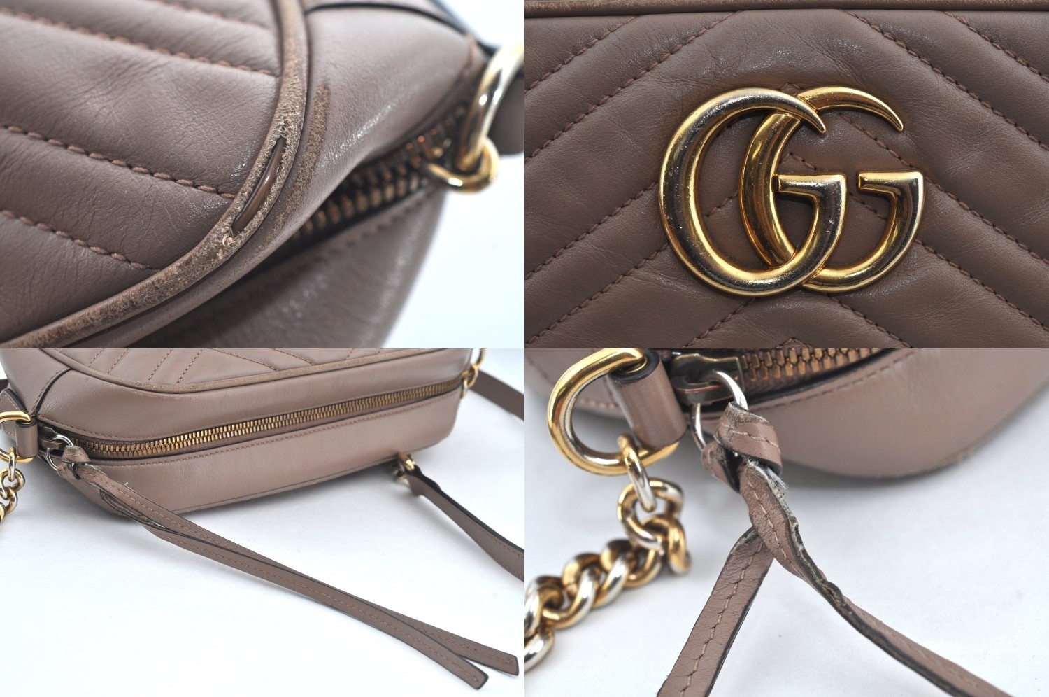 Auth GUCCI GG Marmont Chain Shoulder Cross Body Bag Leather 447632 Beige AA174